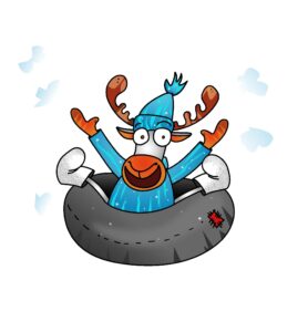 Musti ja Lysti tuubikisa - Lasketteleva poro Musti laskee tuubilla iloisena