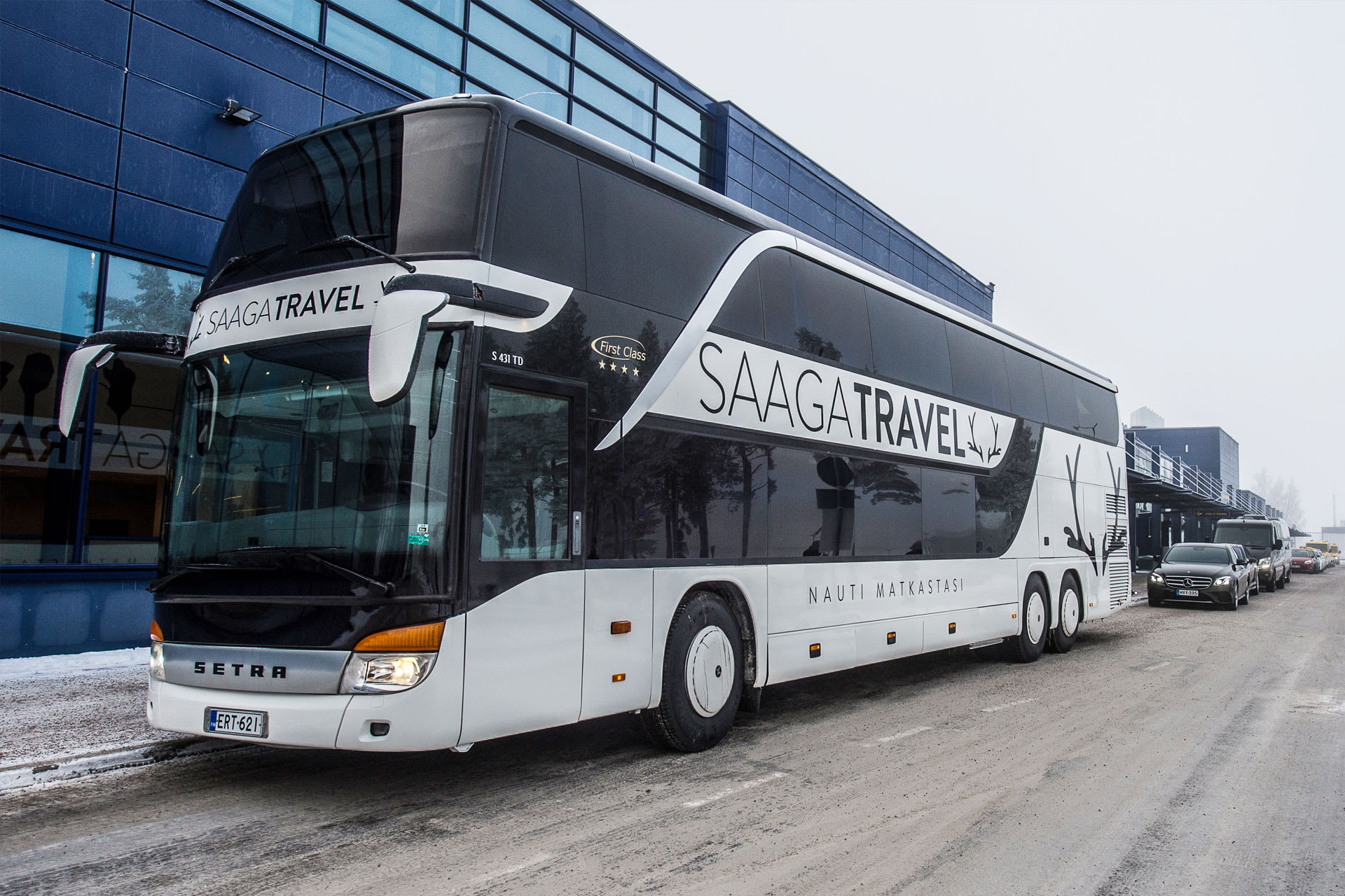 Saaga Travel largest charter bus is a 79-seater double-decker.